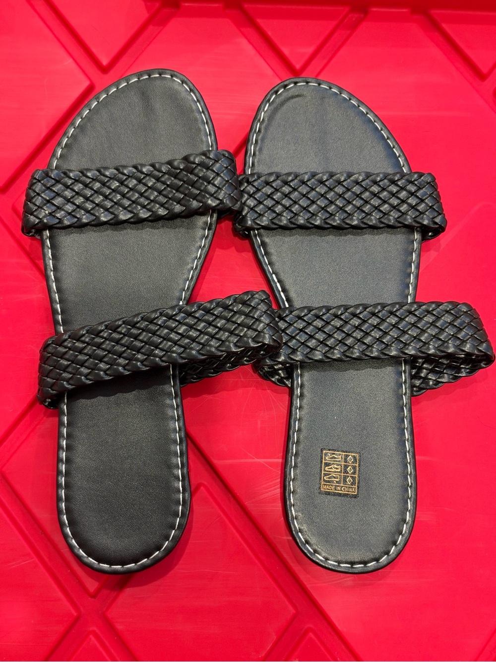Women’s Black Braided Two-Strap Flat Slide Sandals